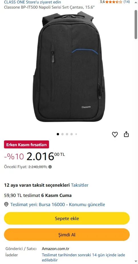 Classone BP-IT500 Napoli Serisi Sırt Çantası, 15.6"
