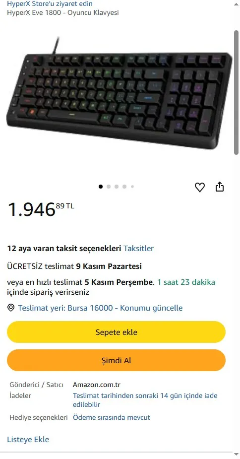 HyperX Eve 1800 - Oyuncu Klavyesi