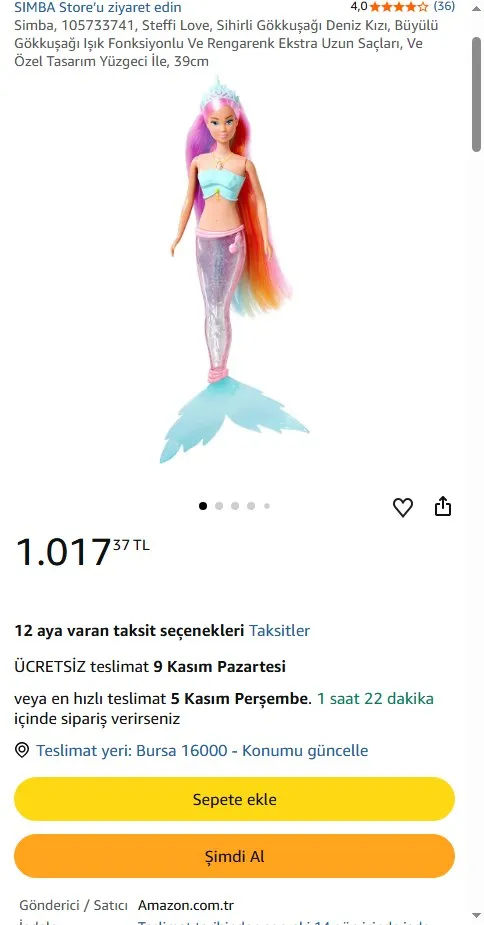 Simba, 105733741, Steffi Love, Sihirli Gökkuşağı Deniz Kızı, Büyülü Gökkuşağı Işık Fonksiyonlu Ve Rengarenk Ekstra Uzun Saçları, Ve Özel Tasarım Yüzgeci İle, 39cm