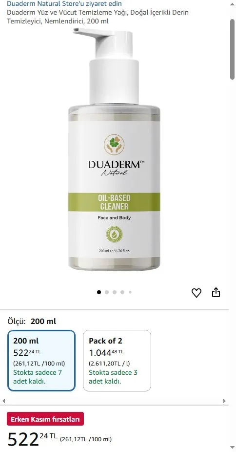 Duaderm Yüz ve Vücut Temizleme Yağı, Doğal İçerikli Derin Temizleyici, Nemlendirici, 200 ml