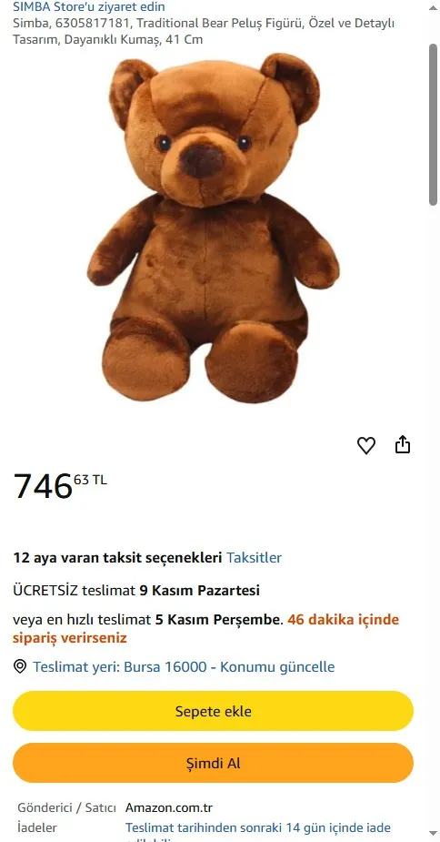 Simba, 6305817181, Traditional Bear Peluş Figürü, Özel ve Detaylı Tasarım, Dayanıklı Kumaş, 41 Cm