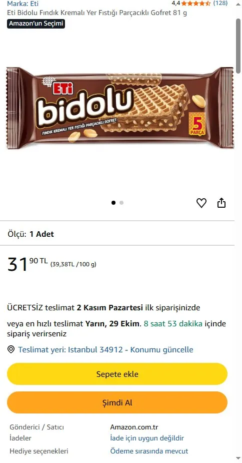Eti Bidolu Fındık Kremalı Yer Fıstığı Parçacıklı Gofret 81 g