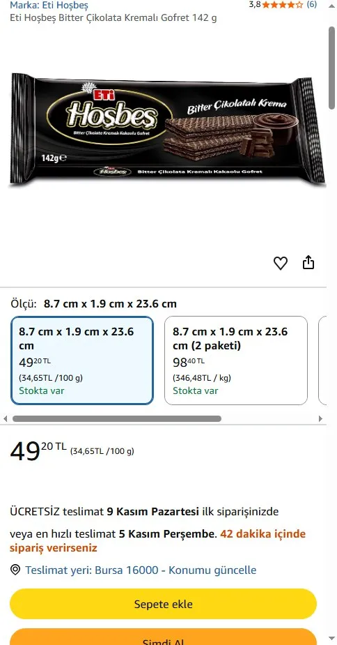 Eti Hoşbeş Bitter Çikolata Kremalı Gofret 142 g