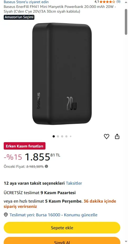 Baseus EnerFill FM41 Mini Manyetik Powerbank 20.000 mAh 20W - Siyah (C'den C'ye 20V/3A 30cm siyah kablolu)