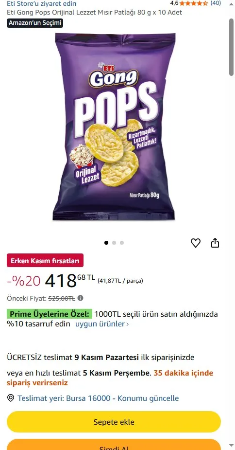 Eti Gong Pops Orijinal Lezzet Mısır Patlağı 80 g x 10 Adet