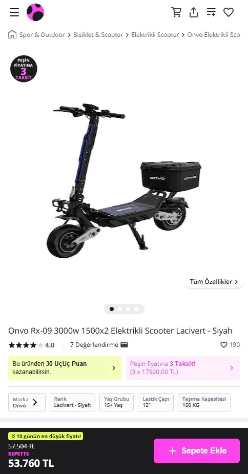 Onvo Rx-09 3000w 1500x2 Elektrikli Scooter Lacivert - Siyah