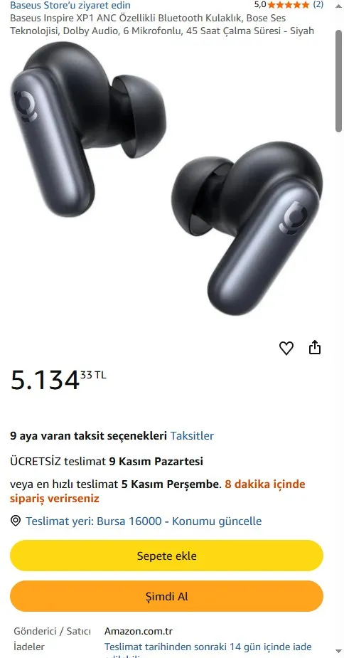 Baseus Inspire XP1 ANC Özellikli Bluetooth Kulaklık, Bose Ses Teknolojisi, Dolby Audio, 6 Mikrofonlu, 45 Saat Çalma Süresi - Siyah