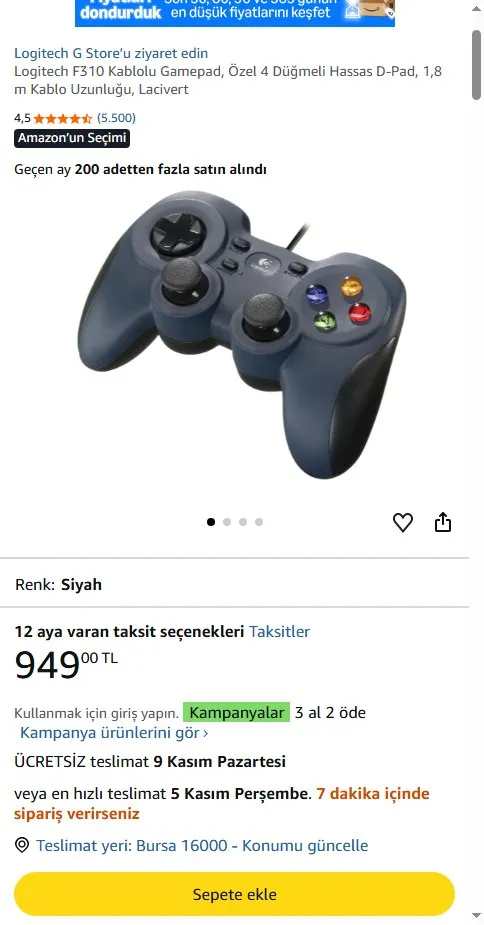 Logitech F310 Kablolu Gamepad, Özel 4 Düğmeli Hassas D-Pad, 1,8 m Kablo Uzunluğu, Lacivert