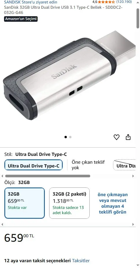 SanDisk 32GB Ultra Dual Drive USB 3.1 Type-C Bellek - SDDDC2-032G-G46