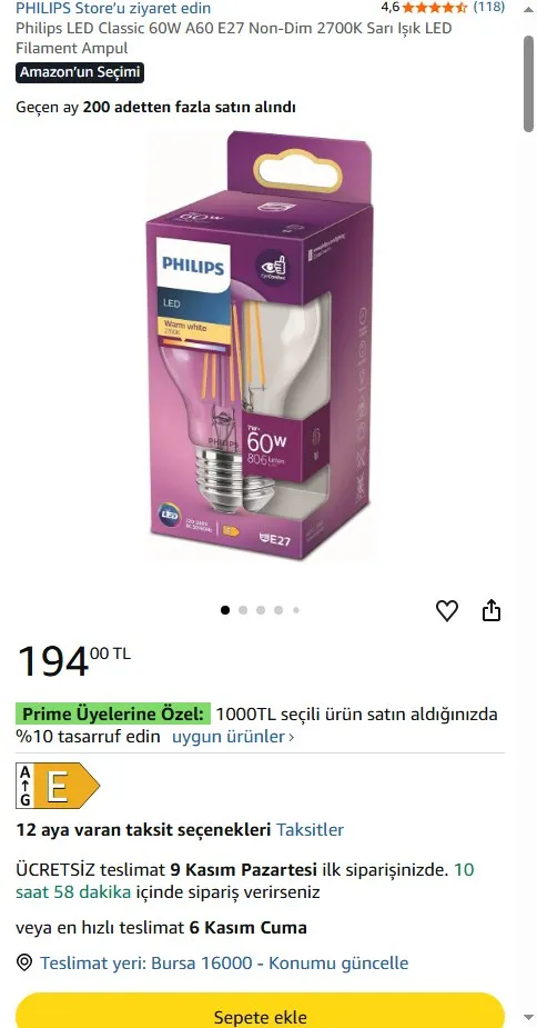 Philips LED Classic 60W A60 E27 Non-Dim 2700K Sarı Işık LED Filament Ampul