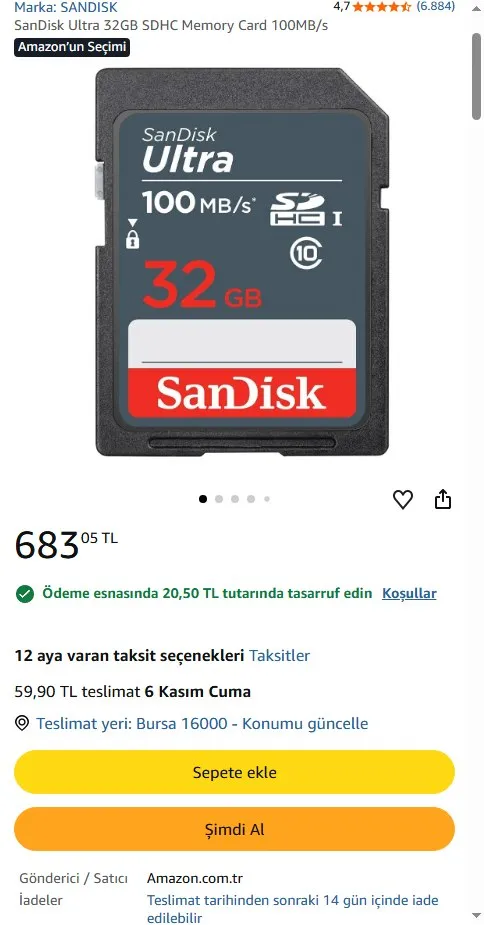 SanDisk Ultra 32GB SDHC Memory Card 100MB/s
