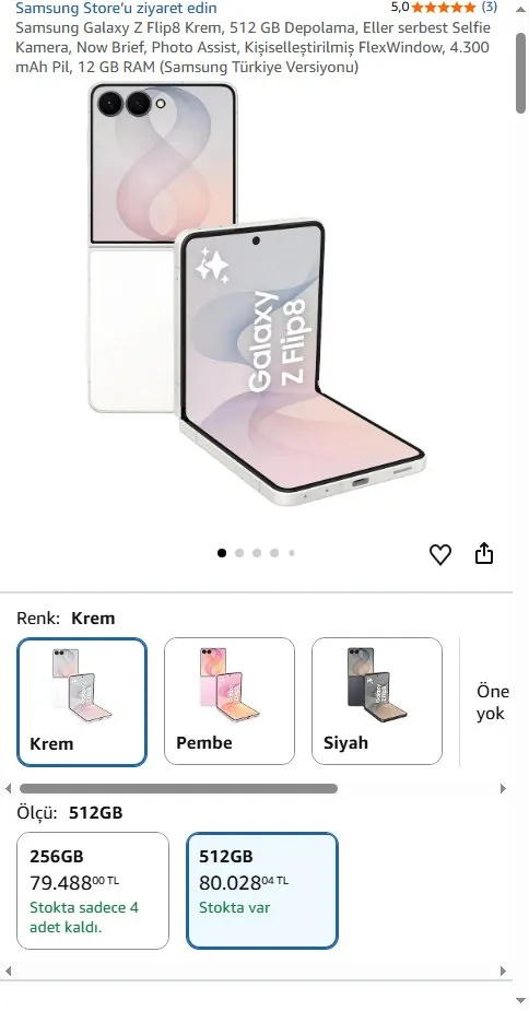 Samsung Galaxy Z Flip8 Krem, 512 GB Depolama, Eller serbest Selfie Kamera, Now Brief, Photo Assist, Kişiselleştirilmiş FlexWindow, 4.300 mAh Pil, 12 GB RAM (Samsung Türkiye Versiyonu)