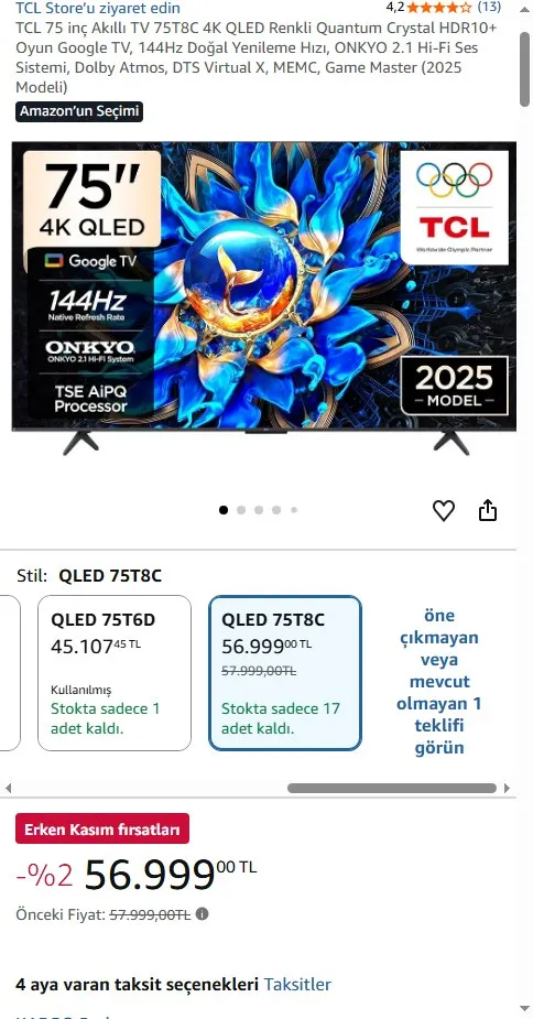 TCL 75 inç Akıllı TV 75T8C 4K QLED Renkli Quantum Crystal HDR10+ Oyun Google TV, 144Hz Doğal Yenileme Hızı, ONKYO 2.1 Hi-Fi Ses Sistemi, Dolby Atmos, DTS Virtual X, MEMC, Game Master (2025 Modeli)