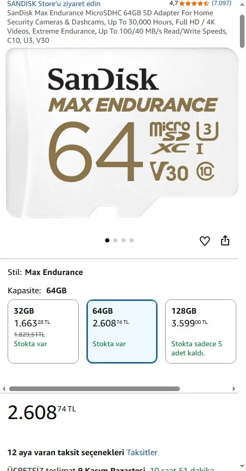 SanDisk Max Endurance MicroSDHC 64GB SD Adapter For Home Security Cameras & Dashcams, Up To 30,000 Hours, Full HD / 4K Videos, Extreme Endurance, Up To 100/40 MB/s Read/Write Speeds, C10, U3, V30