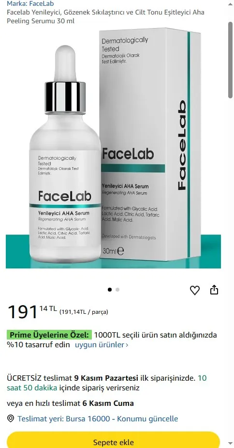 Facelab Yenileyici, Gözenek Sıkılaştırıcı ve Cilt Tonu Eşitleyici Aha Peeling Serumu 30 ml