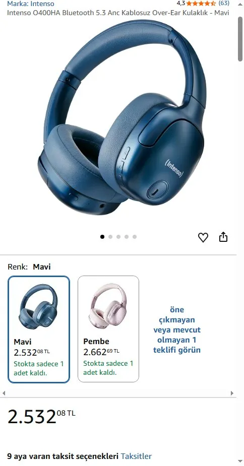 Intenso O400HA Bluetooth 5.3 Anc Kablosuz Over-Ear Kulaklık - Mavi