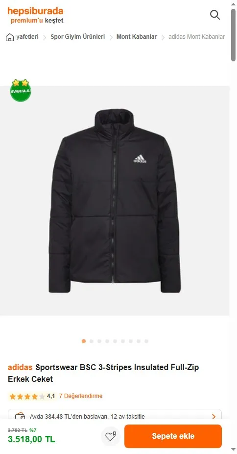 adidas Sportswear BSC 3-Stripes Insulated Full-Zip Erkek Ceket