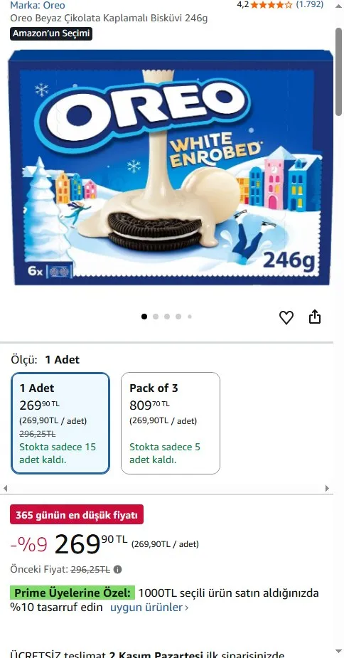 Oreo Beyaz Çikolata Kaplamalı Bisküvi 246g