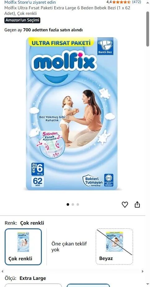 Molfix Ultra Fırsat Paketi Extra Large 6 Beden Bebek Bezi (1 x 62 Adet), Çok renkli