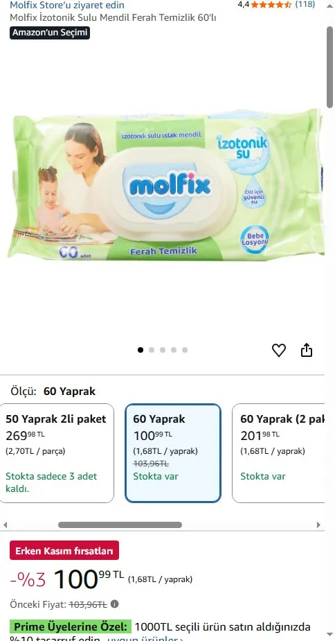 Molfix İzotonik Sulu Mendil Ferah Temizlik 60'lı