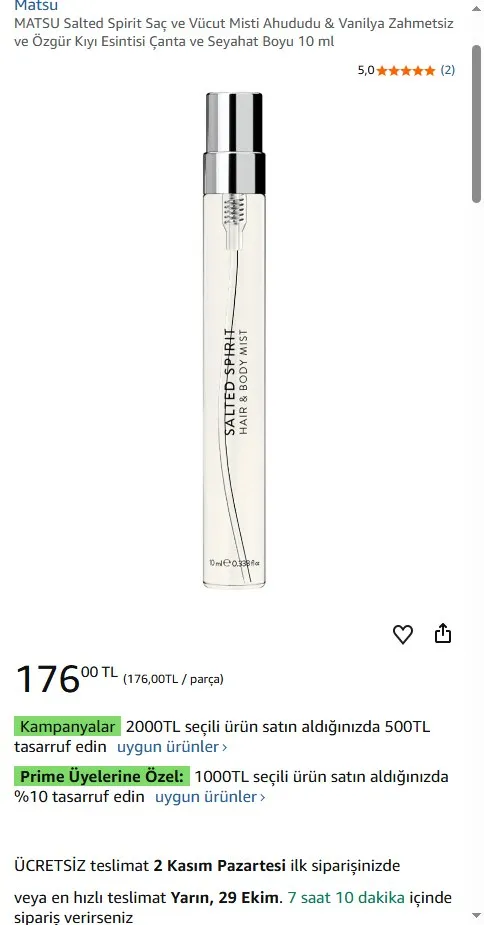 MATSU Salted Spirit Saç ve Vücut Misti Ahududu & Vanilya Zahmetsiz ve Özgür Kıyı Esintisi Çanta ve Seyahat Boyu 10 ml