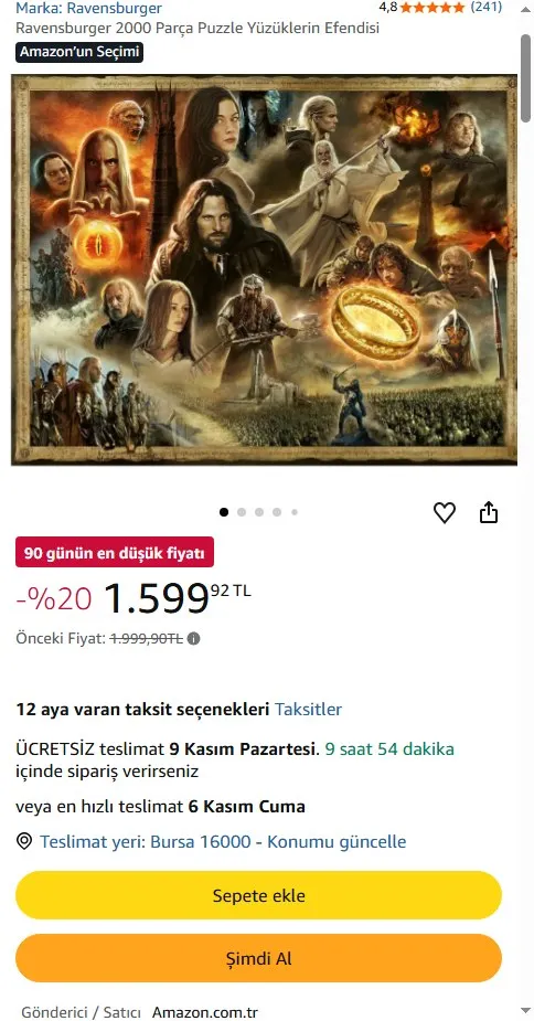 Ravensburger 2000 Parça Puzzle Yüzüklerin Efendisi