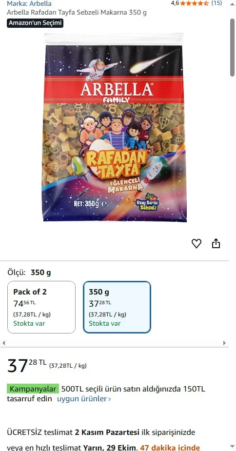 Arbella Rafadan Tayfa Sebzeli Makarna 350 g