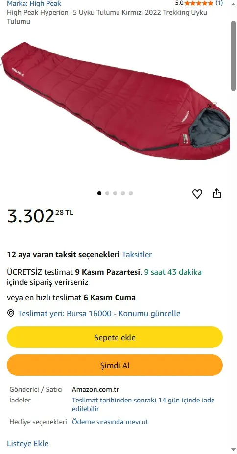 High Peak Hyperion -5 Uyku Tulumu Kırmızı 2022 Trekking Uyku Tulumu