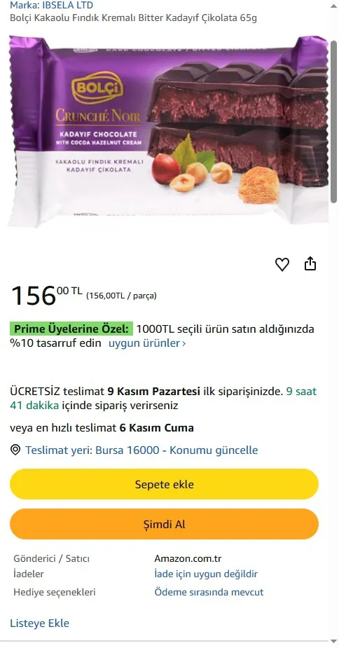 Bolçi Kakaolu Fındık Kremalı Bitter Kadayıf Çikolata 65g