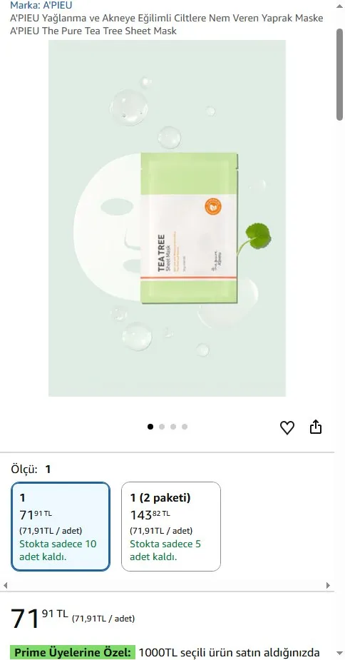 A'PIEU Yağlanma ve Akneye Eğilimli Ciltlere Nem Veren Yaprak Maske A'PIEU The Pure Tea Tree Sheet Mask