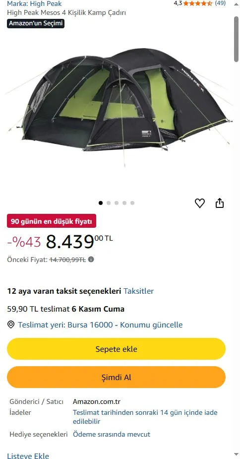 High Peak Mesos 4 Kişilik Kamp Çadırı