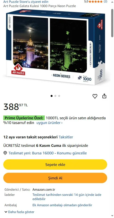 Art Puzzle Galata Kulesi 1000 Parça Neon Puzzle