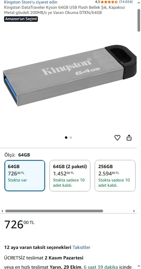 Kingston DataTraveler Kyson 64GB USB Flash Bellek Şık, Kapaksız Metal gövdeli 200MB/s ye Varan Okuma DTKN/64GB