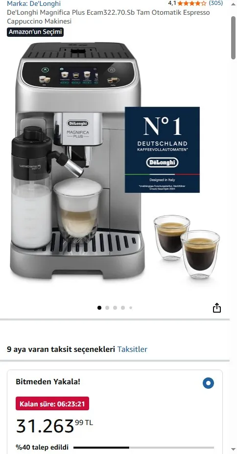 De'Longhi Magnifica Plus Ecam322.70.Sb Tam Otomatik Espresso Cappuccino Makinesi