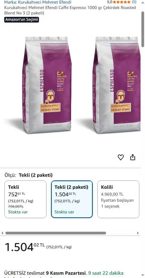 Kurukahveci Mehmet Efendi Caffe Espresso 1000 gr Çekirdek Roasted Blend No 3 (2 paketi)