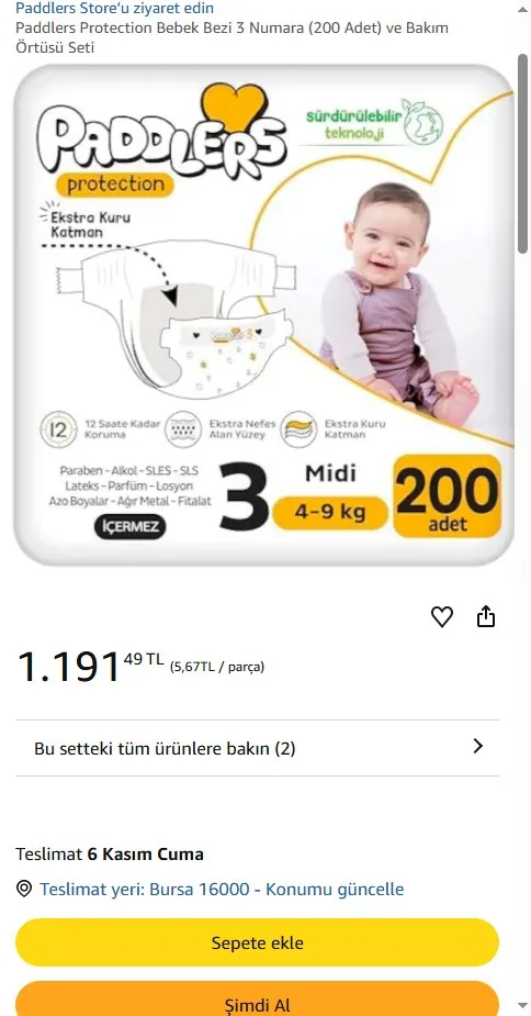 Paddlers Protection Bebek Bezi 3 Numara (200 Adet) ve Bakım Örtüsü Seti
