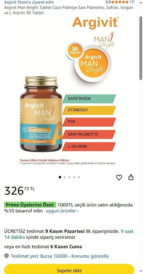 Argivit Man Bright Tablet Cüce Palmiye Saw Palmetto, Safran, Isırgan ve L Arjinin 30 Tablet