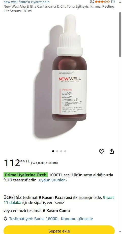 New Well Aha & Bha Canlandırıcı & Cilt Tonu Eşitleyici Kırmızı Peeling Cilt Serumu 30 ml
