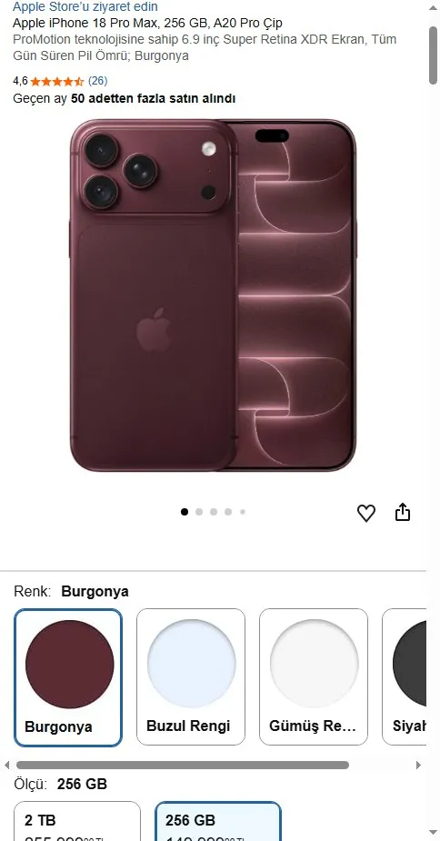 Apple iPhone 18 Pro Max, 256 GB, A20 Pro Çip