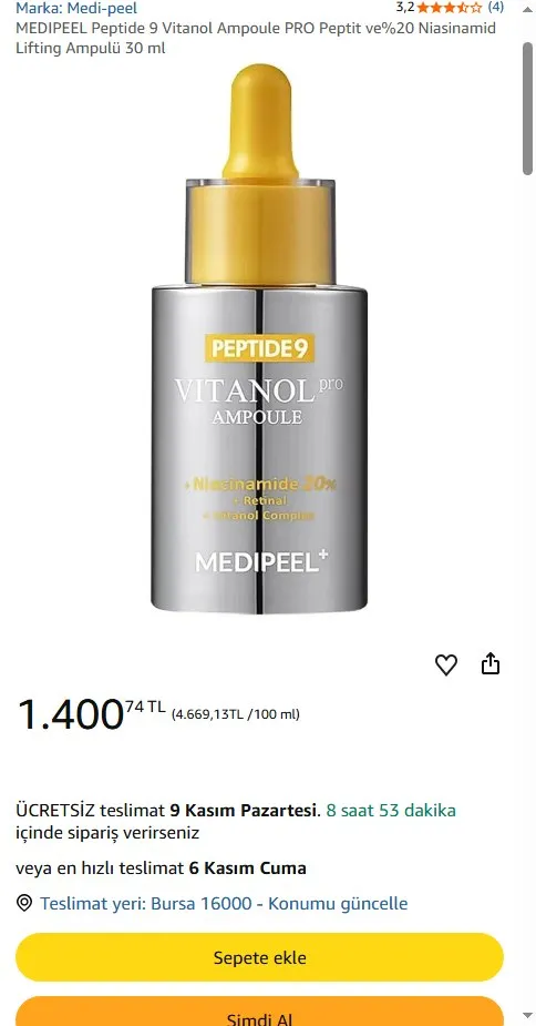 MEDIPEEL Peptide 9 Vitanol Ampoule PRO Peptit ve%20 Niasinamid Lifting Ampulü 30 ml