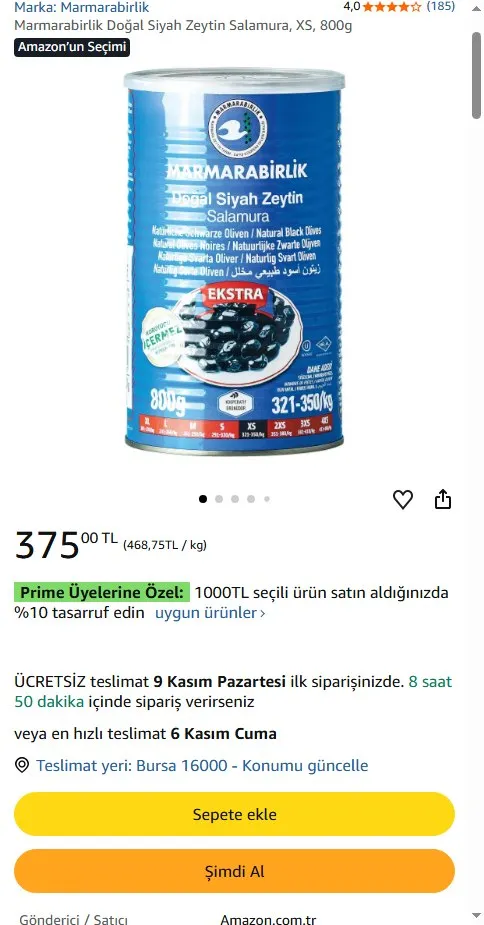 Marmarabirlik Doğal Siyah Zeytin Salamura, XS, 800g