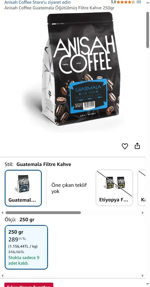 Anisah Coffee Guatemala Öğütülmüş Filtre Kahve 250gr