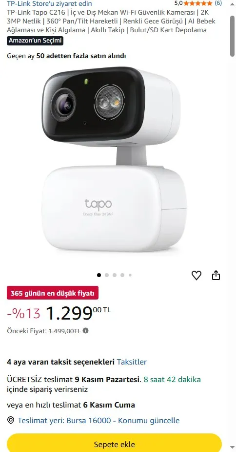 TP-Link Tapo C216 | İç ve Dış Mekan Wi-Fi Güvenlik Kamerası | 2K 3MP Netlik | 360° Pan/Tilt Hareketli | Renkli Gece Görüşü | AI Bebek Ağlaması ve Kişi Algılama | Akıllı Takip | Bulut/SD Kart Depolama