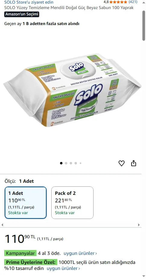 SOLO Yüzey Temizleme Mendili Doğal Güç Beyaz Sabun 100 Yaprak