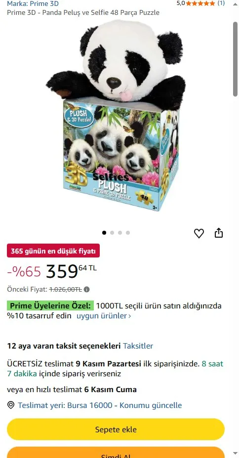 Prime 3D - Panda Peluş ve Selfie 48 Parça Puzzle