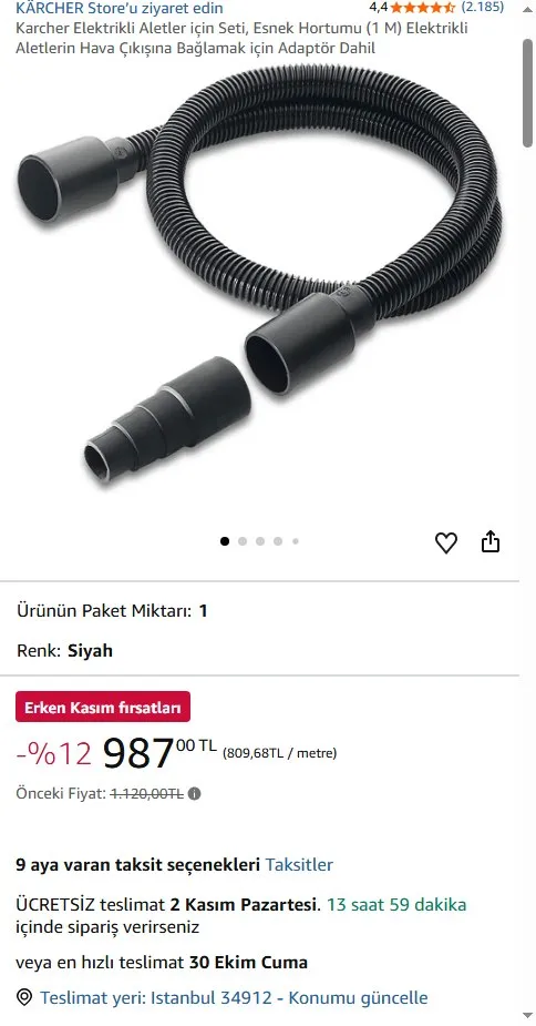 Karcher Elektrikli Aletler için Seti, Esnek Hortumu (1 M) Elektrikli Aletlerin Hava Çıkışına Bağlamak için Adaptör Dahil