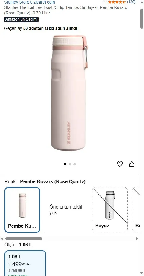 Stanley The IceFlow Twist & Flip Termos Su Şişesi, Pembe Kuvars (Rose Quartz), 0.70 Litre