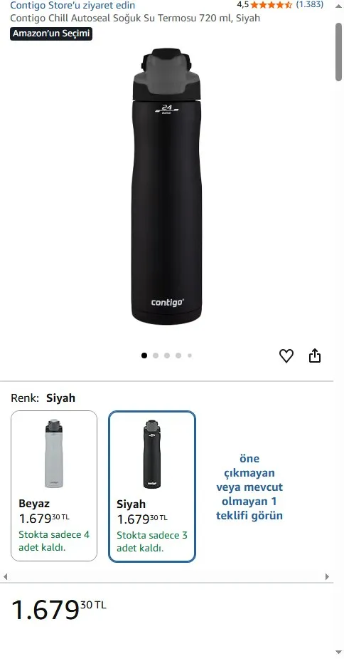 Contigo Chill Autoseal Soğuk Su Termosu 720 ml, Siyah