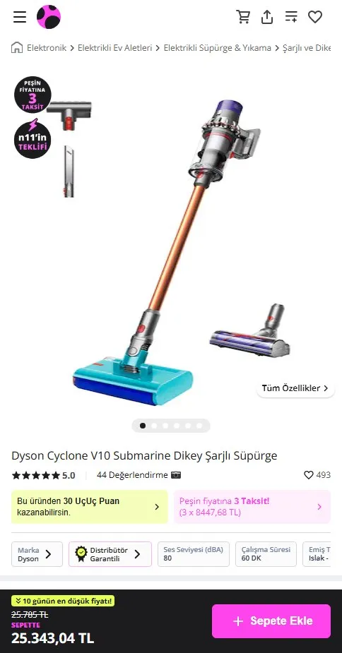 Dyson Cyclone V10 Submarine Dikey Şarjlı Süpürge