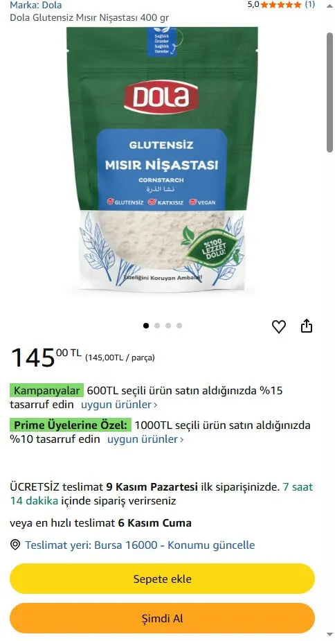 Dola Glutensiz Mısır Nişastası 400 gr